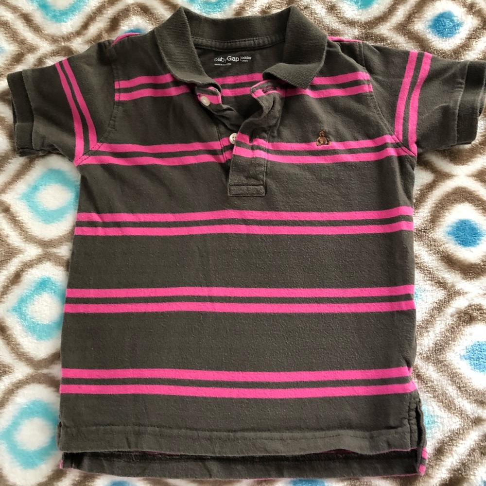Baby Gap 3T Gray/bright pink striped polo shirt.